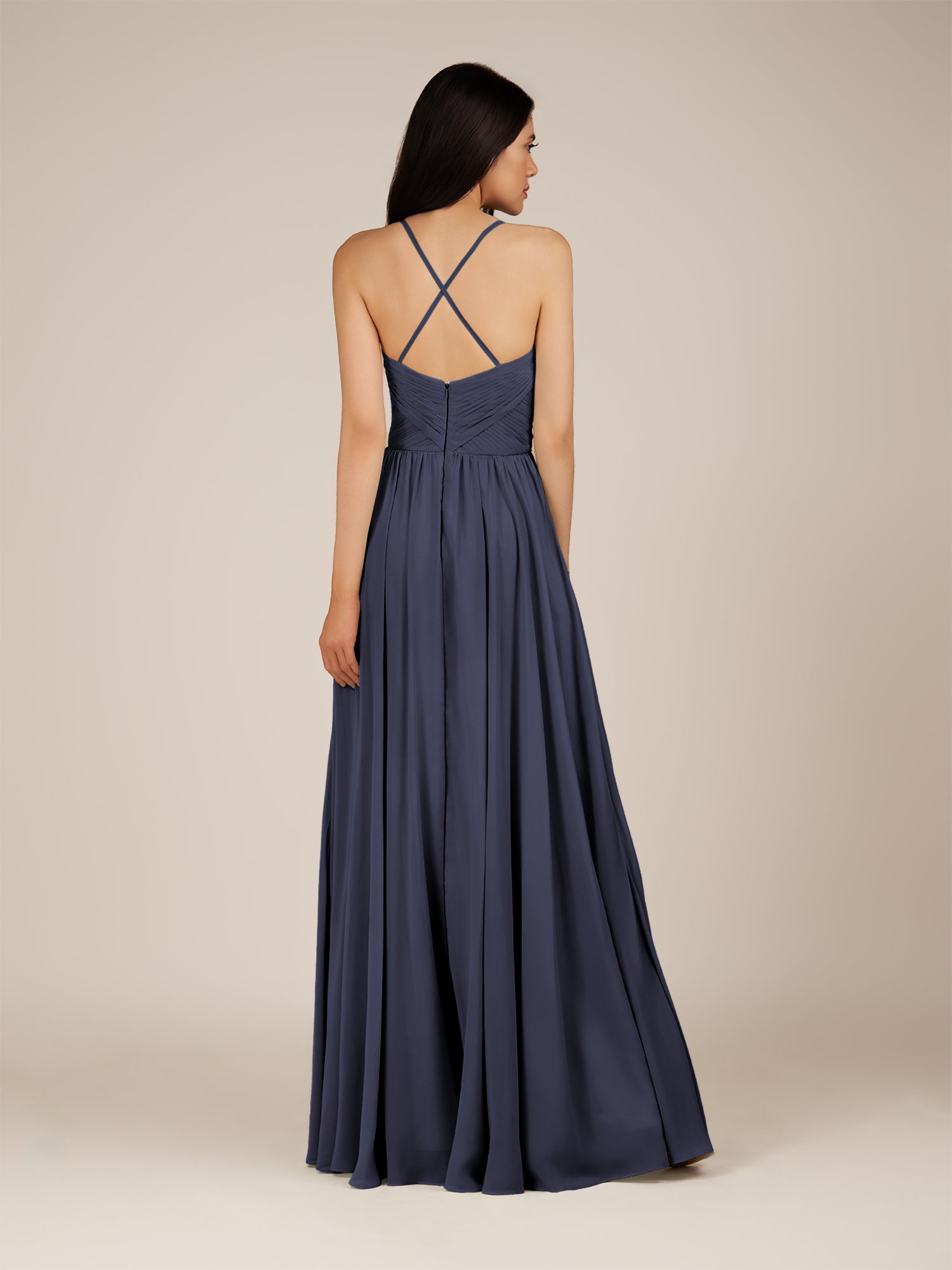 KissDress-Nolana Dusk Blue A Line V Neck Chiffon Pleated Long Bridesmaid Dress
