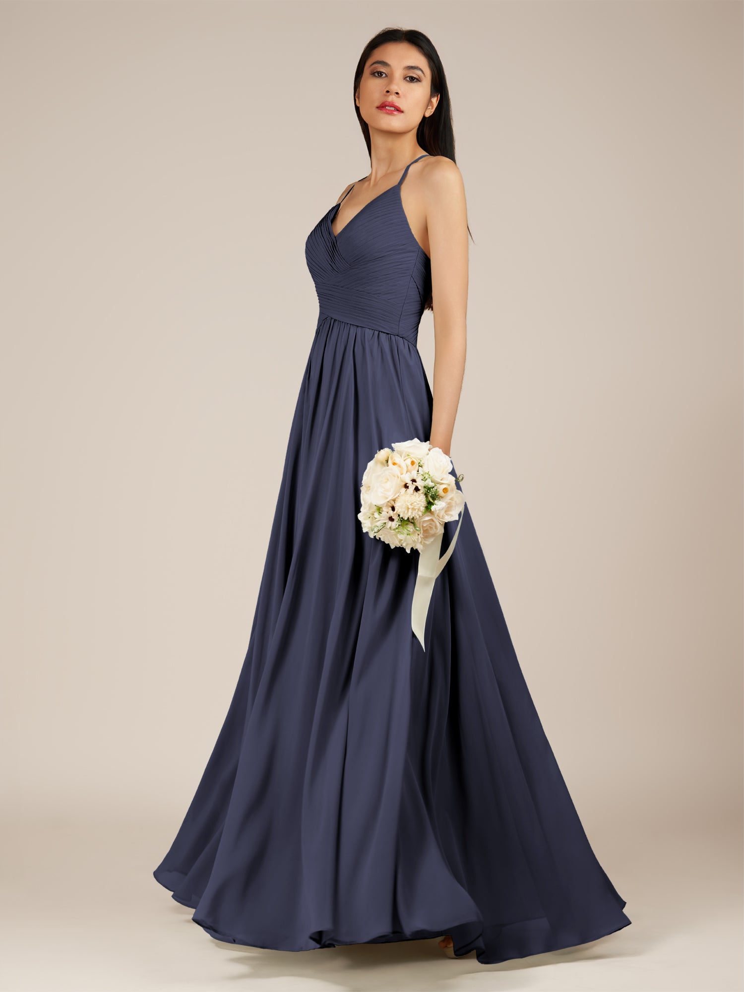 KissDress-Nolana Dusk Blue A Line V Neck Chiffon Pleated Long Bridesmaid Dress