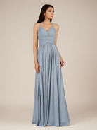 KissDress-Nolana Dusty Blue A Line V Neck Chiffon Pleated Long Bridesmaid Dress