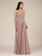 KissDress-Nolana Dusty Rose A Line V Neck Chiffon Pleated Long Bridesmaid Dress