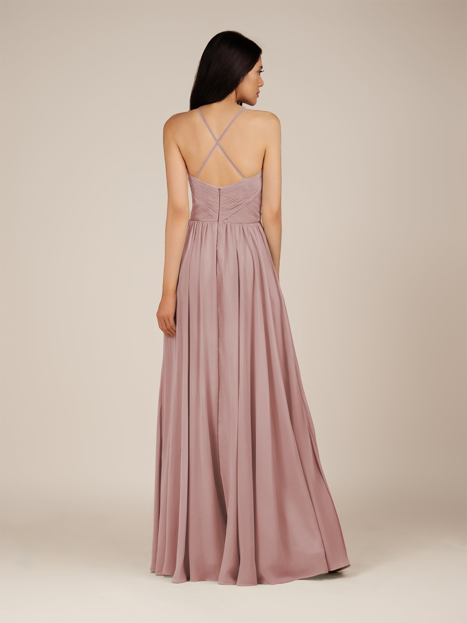 KissDress-Nolana Dusty Rose A Line V Neck Chiffon Pleated Long Bridesmaid Dress