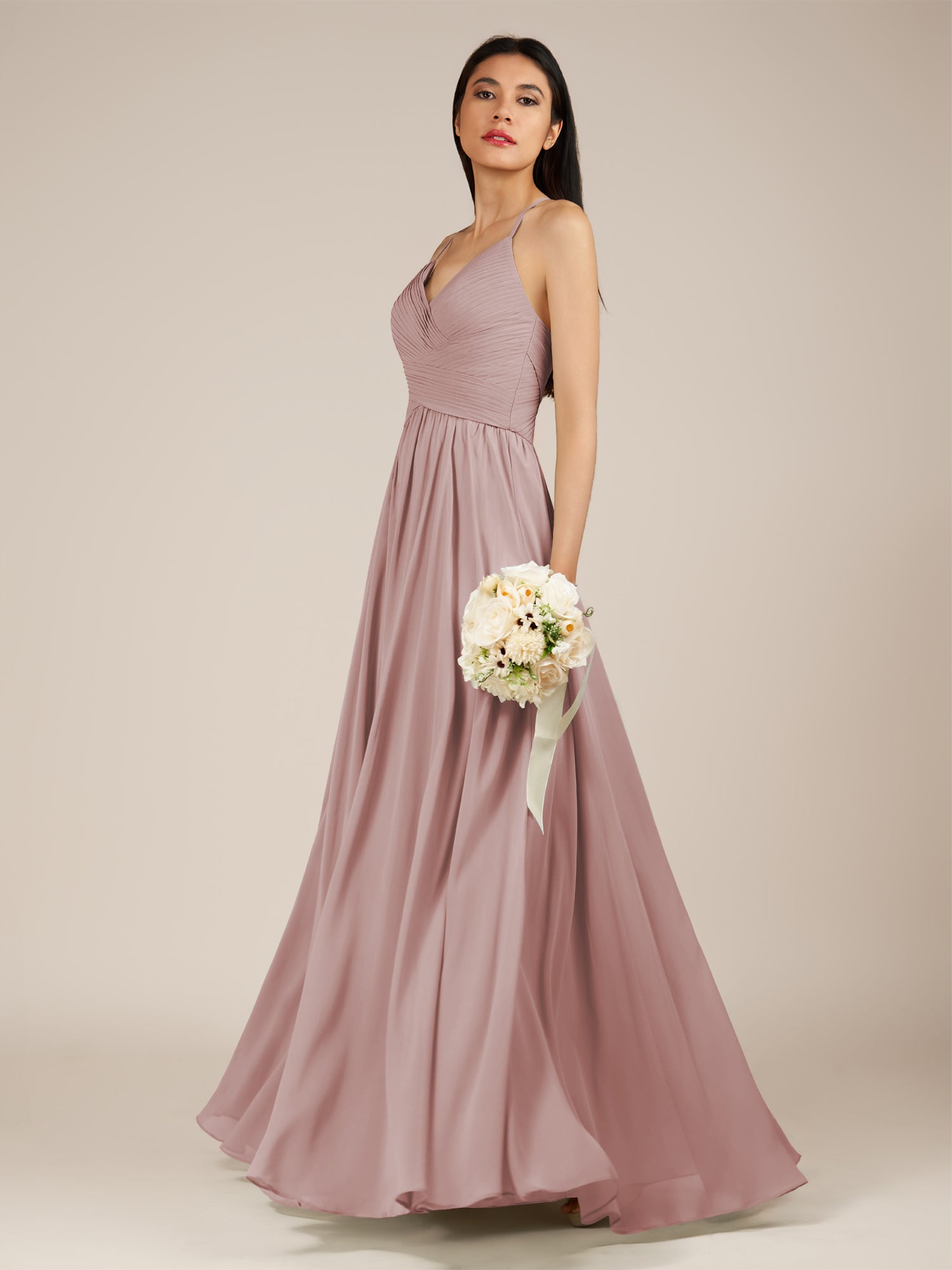 KissDress-Nolana Dusty Rose A Line V Neck Chiffon Pleated Long Bridesmaid Dress