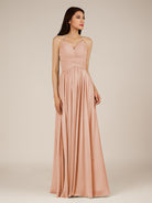 KissDress-Nolana English Rose A Line V Neck Chiffon Pleated Long Bridesmaid Dress
