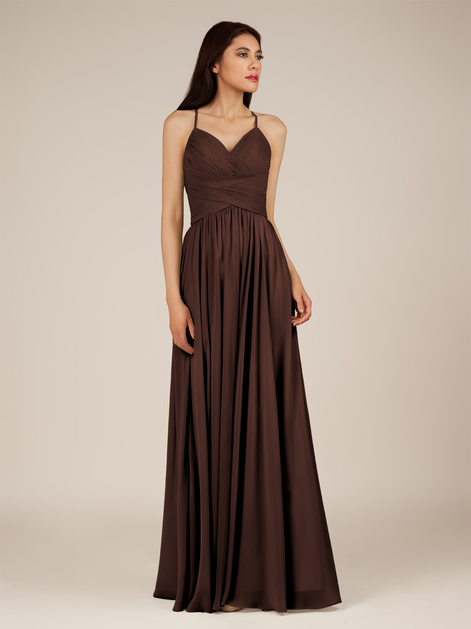 KissDress-Nolana Espresso A Line V Neck Chiffon Pleated Long Bridesmaid Dress