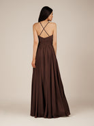 KissDress-Nolana Espresso A Line V Neck Chiffon Pleated Long Bridesmaid Dress