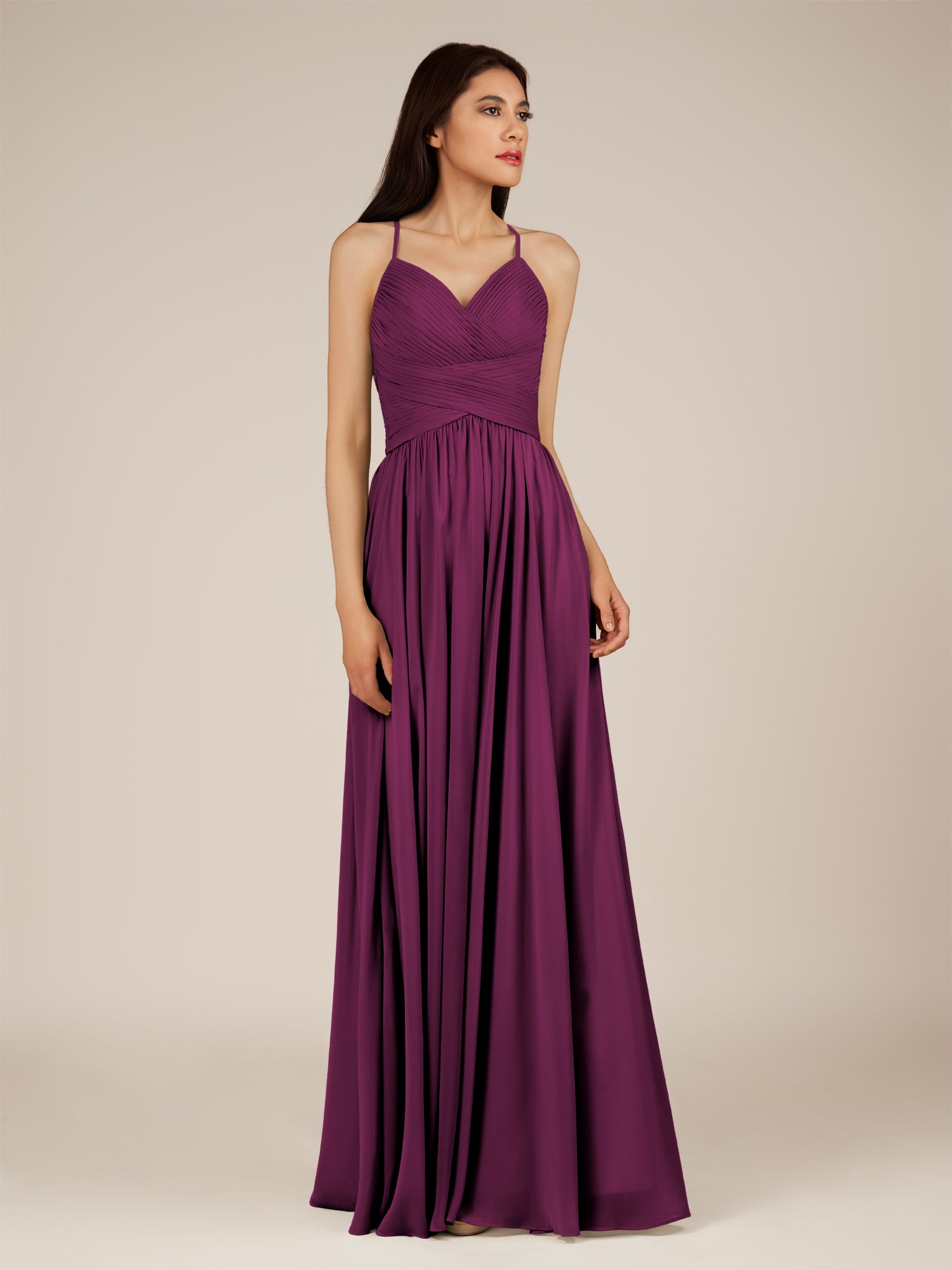KissDress-Nolana Fig A Line V Neck Chiffon Pleated Long Bridesmaid Dress