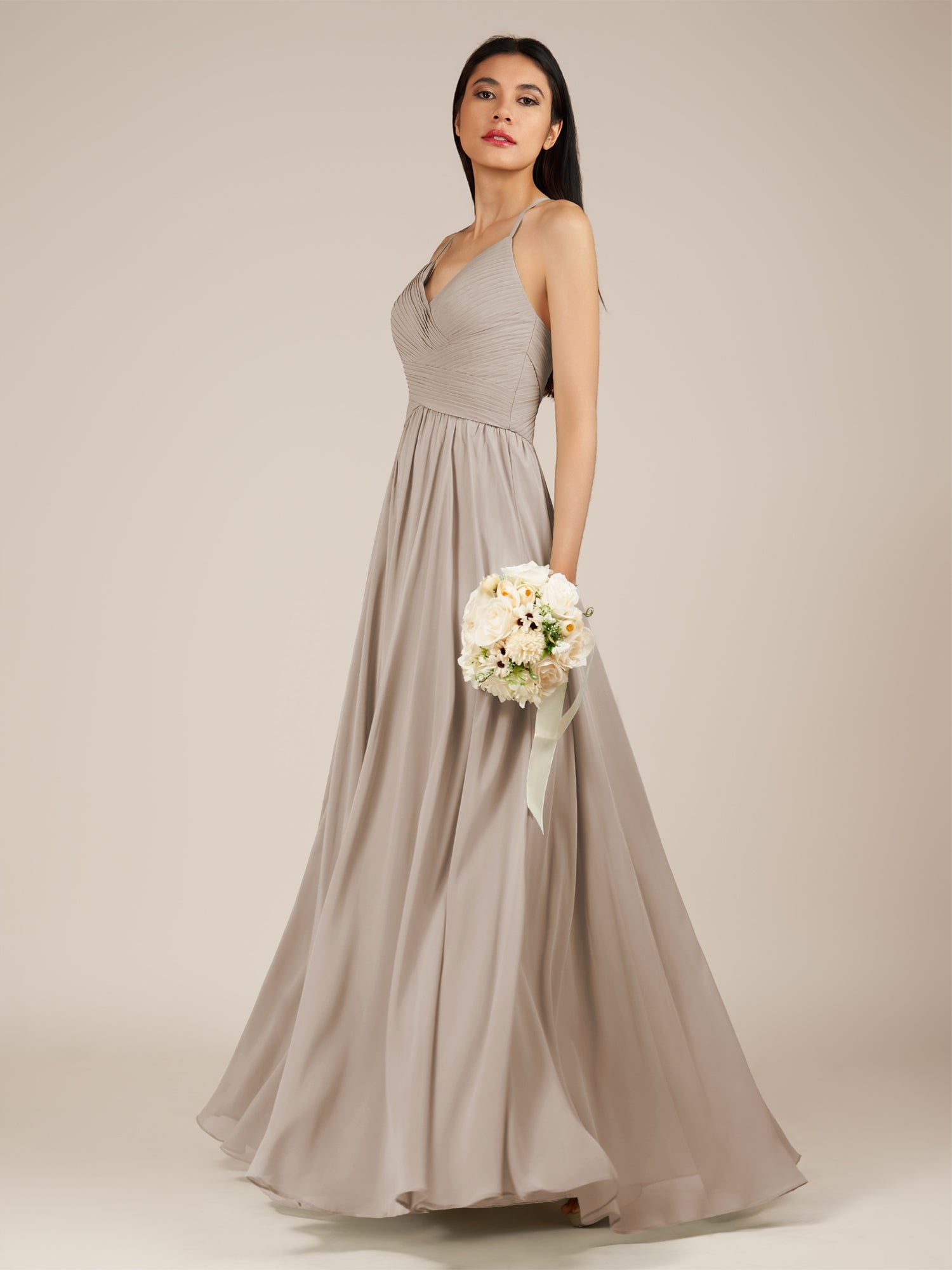KissDress-Nolana Frost A Line V Neck Chiffon Pleated Long Bridesmaid Dress
