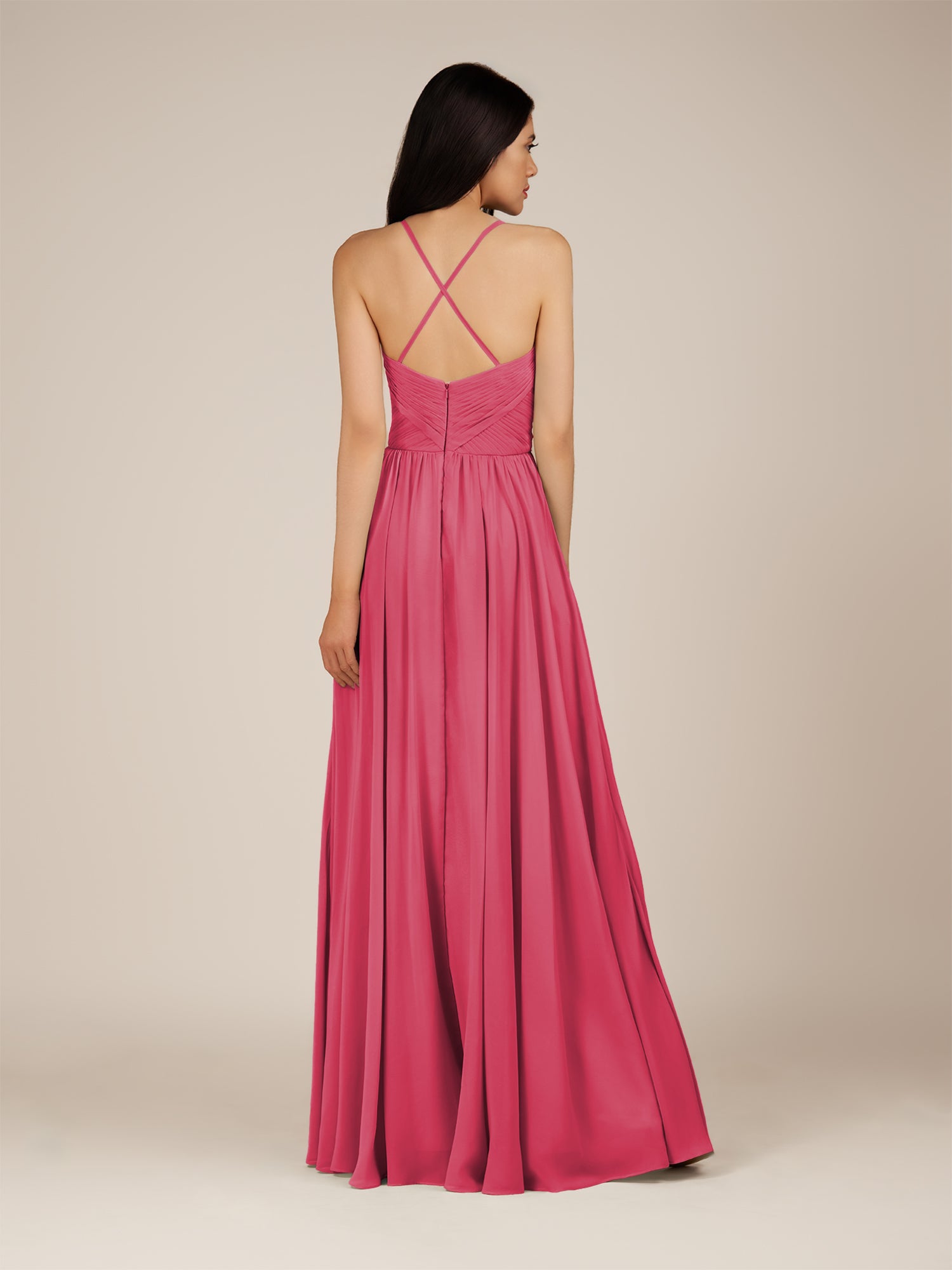 KissDress-Nolana Fuchsia A Line V Neck Chiffon Pleated Long Bridesmaid Dress