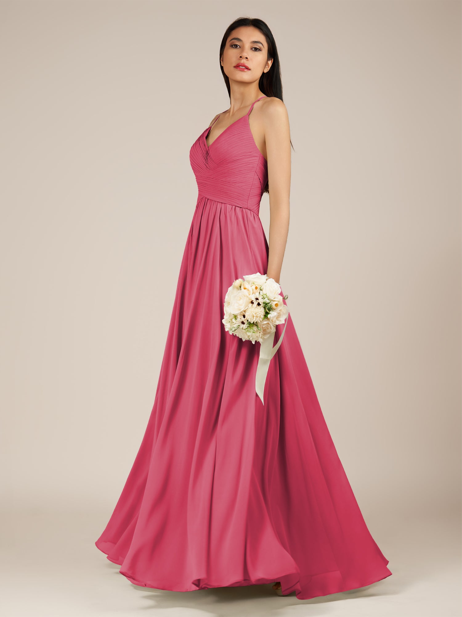 KissDress-Nolana Fuchsia A Line V Neck Chiffon Pleated Long Bridesmaid Dress