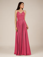 KissDress-Nolana Fuchsia A Line V Neck Chiffon Pleated Long Bridesmaid Dress