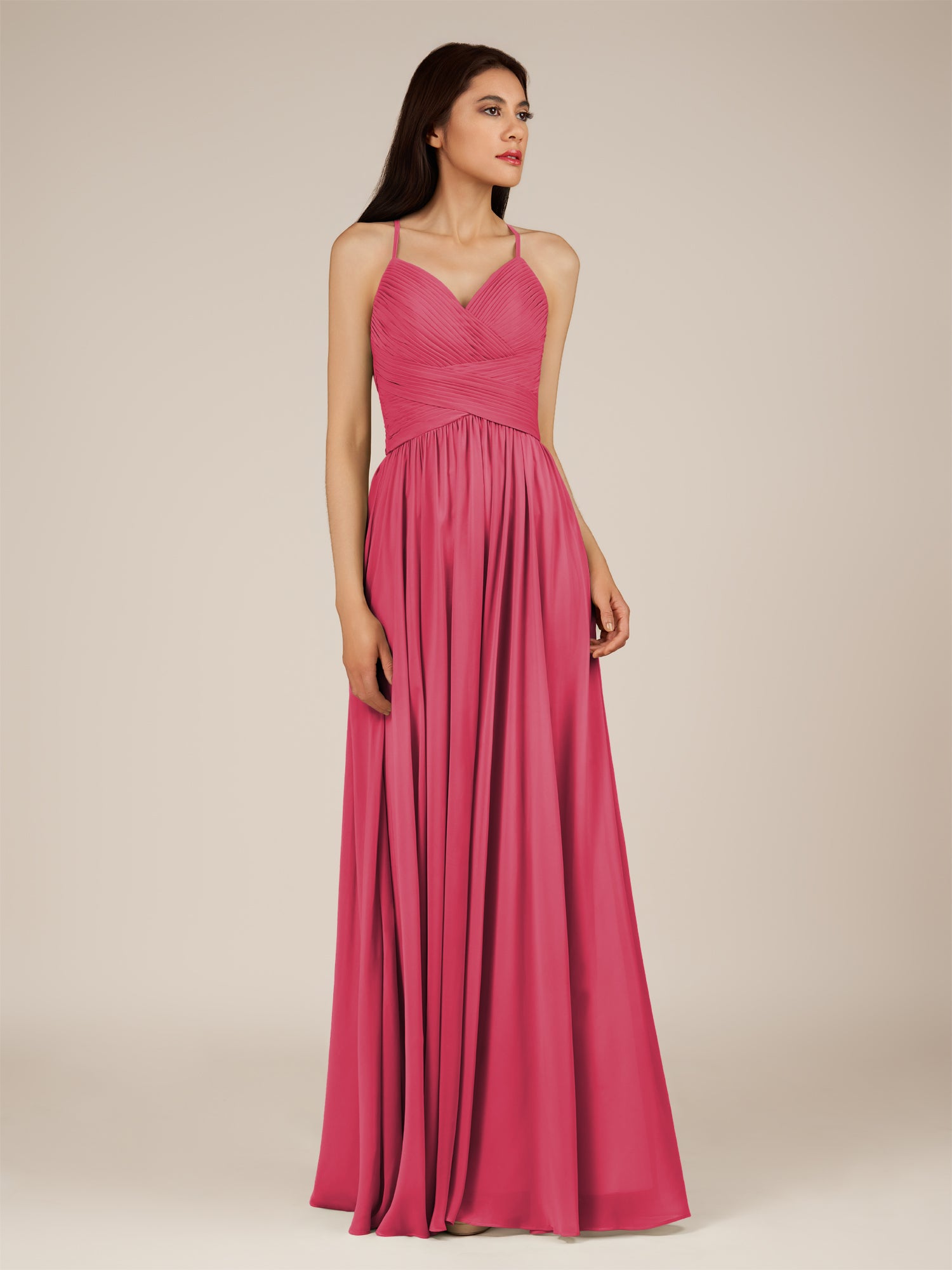 KissDress-Nolana Fuchsia A Line V Neck Chiffon Pleated Long Bridesmaid Dress