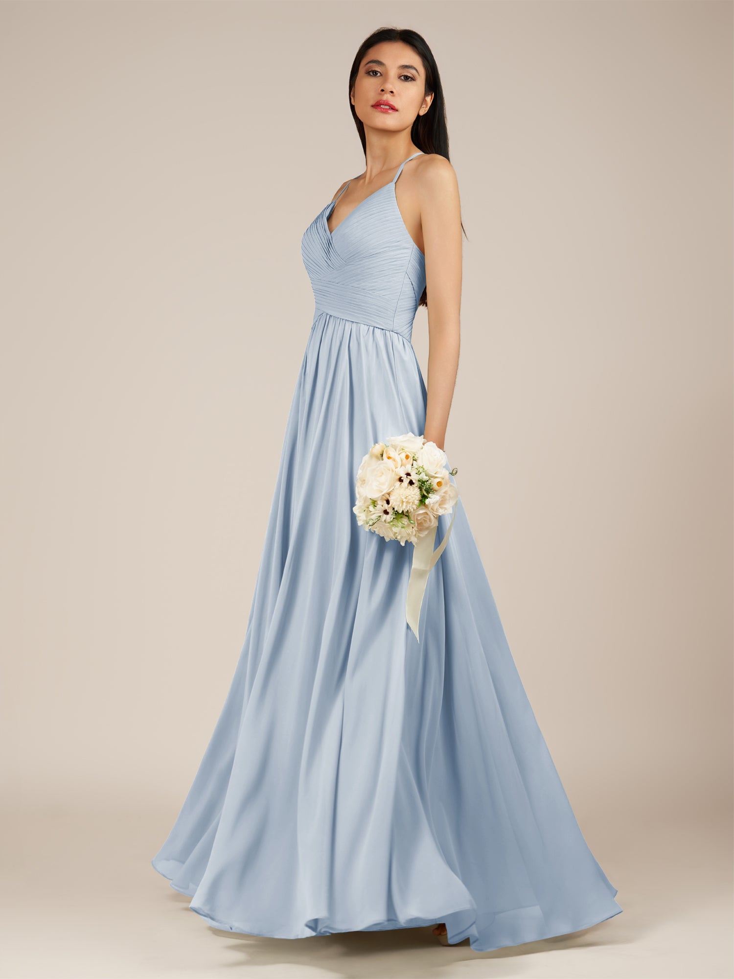 KissDress-Nolana Ice A Line V Neck Chiffon Pleated Long Bridesmaid Dress