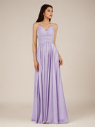 KissDress-Nolana Lavender A Line V Neck Chiffon Pleated Long Bridesmaid Dress