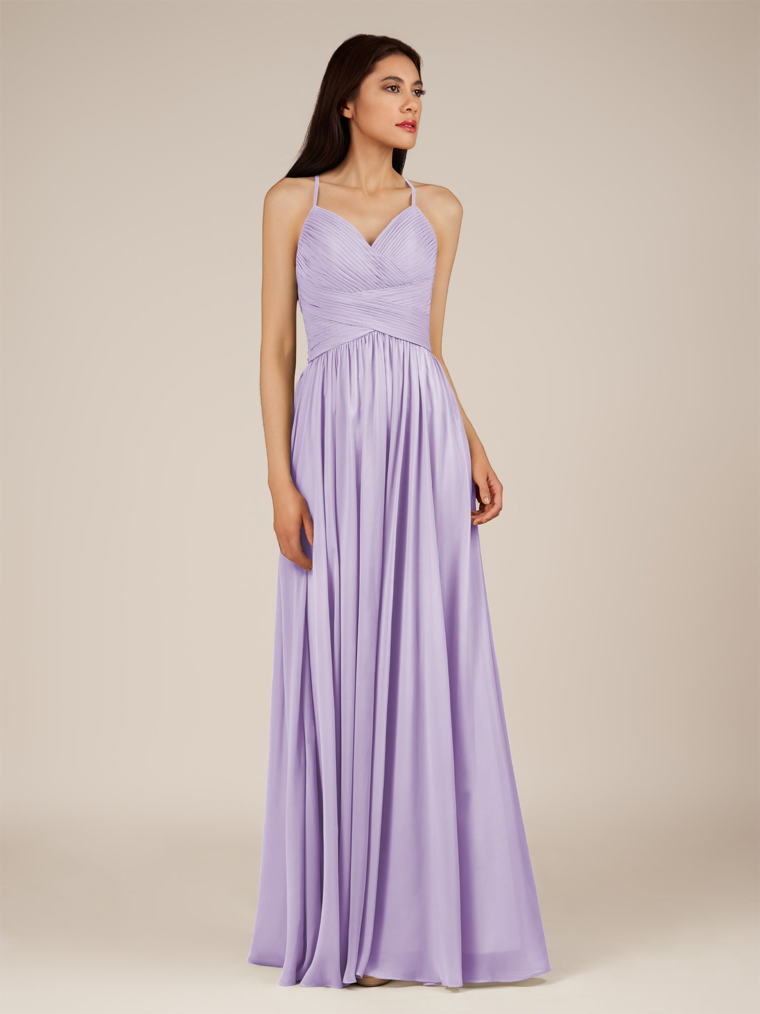 KissDress-Nolana Lavender A Line V Neck Chiffon Pleated Long Bridesmaid Dress