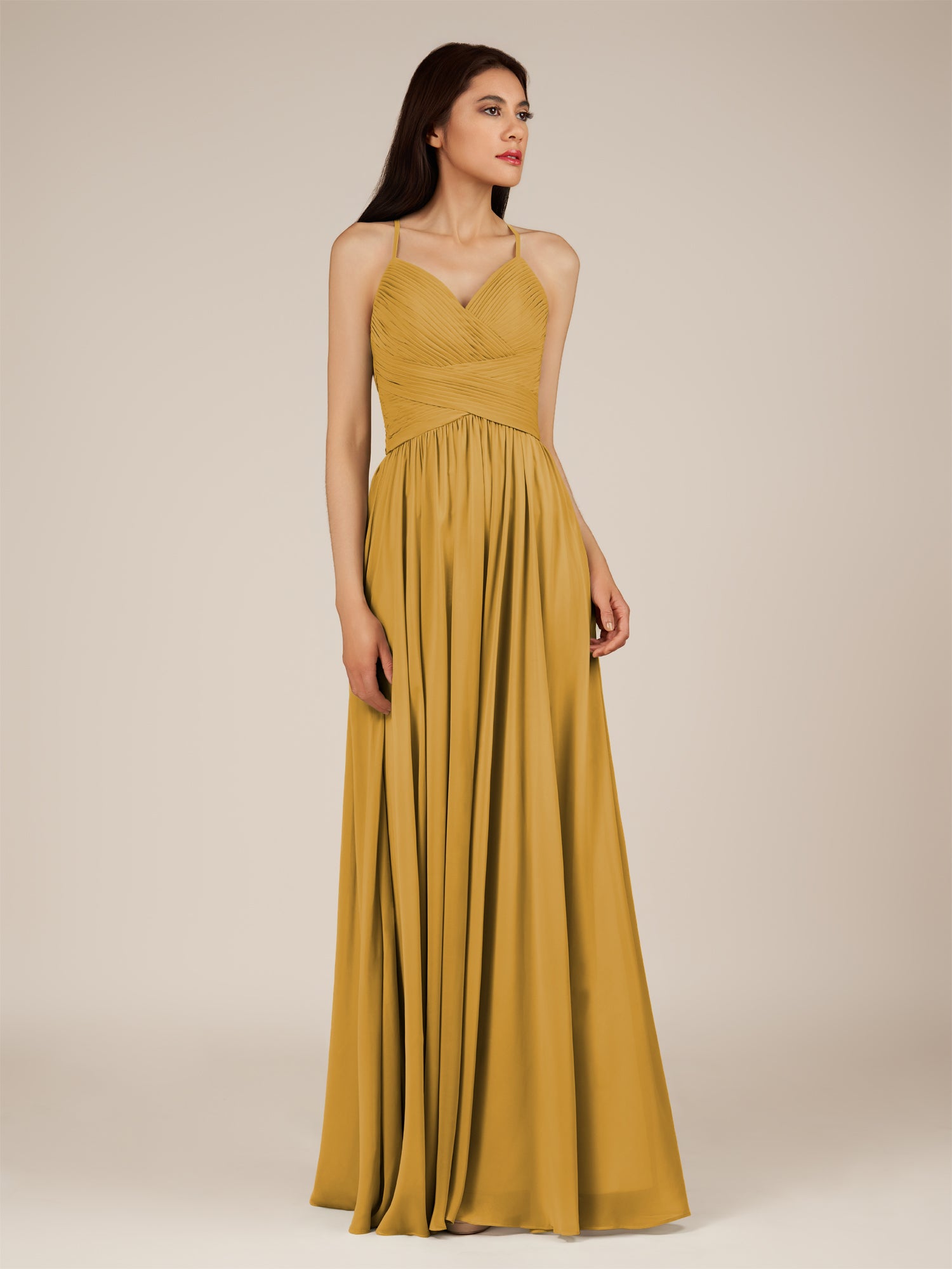 KissDress-Nolana Marigold A Line V Neck Chiffon Pleated Long Bridesmaid Dress