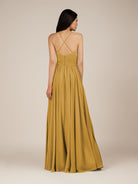 KissDress-Nolana Marigold A Line V Neck Chiffon Pleated Long Bridesmaid Dress