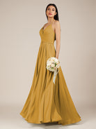 KissDress-Nolana Marigold A Line V Neck Chiffon Pleated Long Bridesmaid Dress