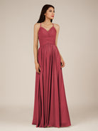 KissDress-Nolana Merlot A Line V Neck Chiffon Pleated Long Bridesmaid Dress