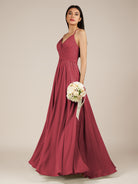 KissDress-Nolana Merlot A Line V Neck Chiffon Pleated Long Bridesmaid Dress