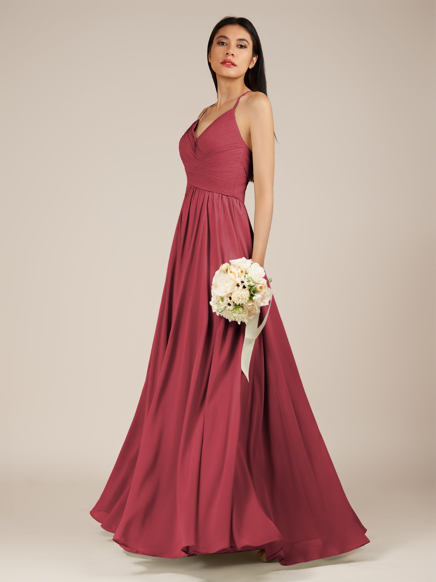 KissDress-Nolana Merlot A Line V Neck Chiffon Pleated Long Bridesmaid Dress