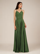 KissDress-Nolana Moss A Line V Neck Chiffon Pleated Long Bridesmaid Dress