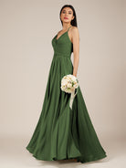 KissDress-Nolana Moss A Line V Neck Chiffon Pleated Long Bridesmaid Dress