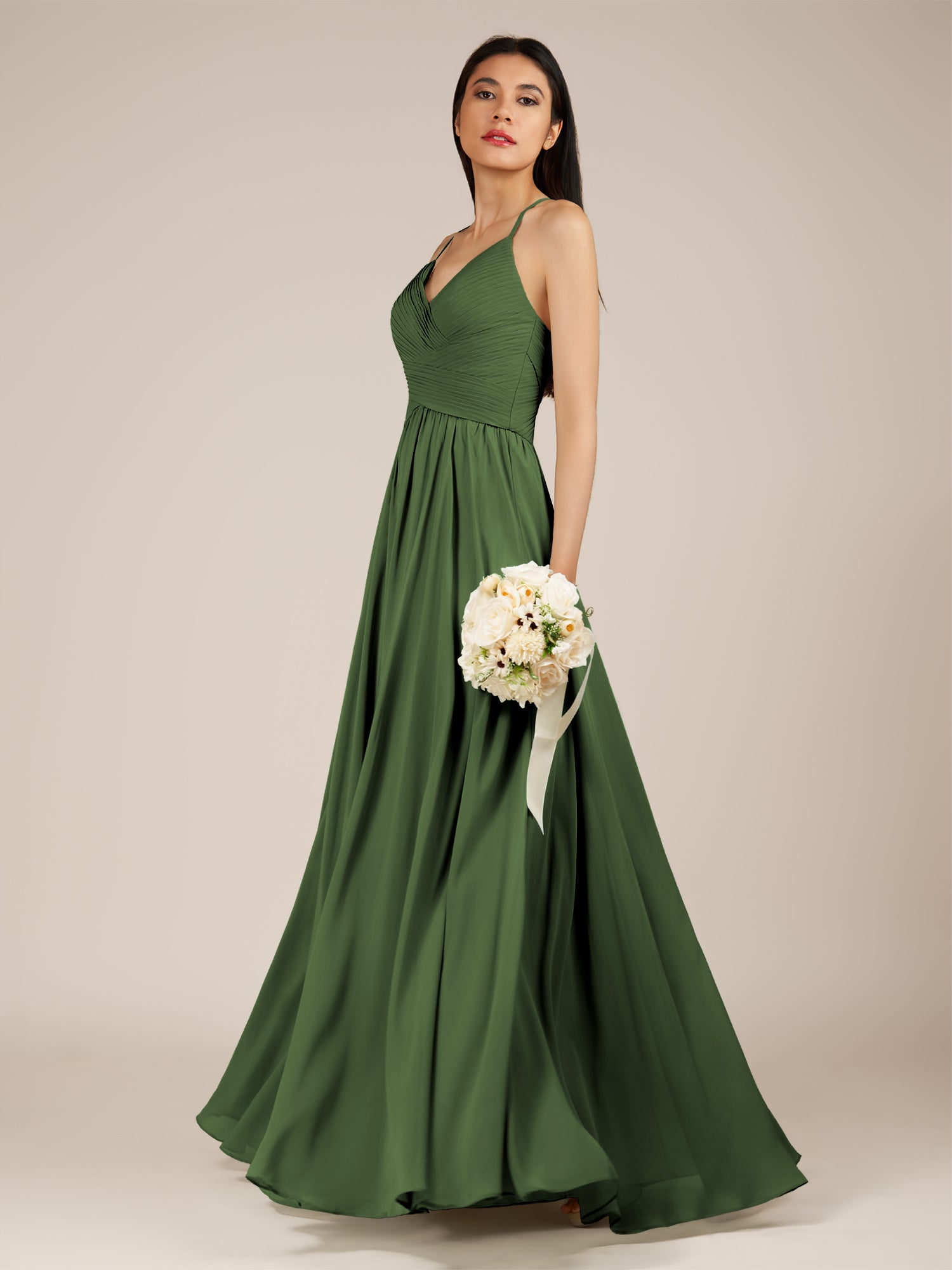 KissDress-Nolana Moss A Line V Neck Chiffon Pleated Long Bridesmaid Dress