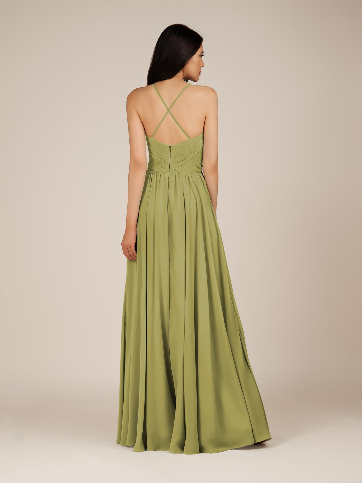 KissDress-Nolana Moss Green A Line V Neck Chiffon Pleated Long Bridesmaid Dress