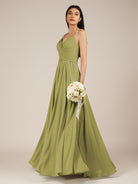 KissDress-Nolana Moss Green A Line V Neck Chiffon Pleated Long Bridesmaid Dress