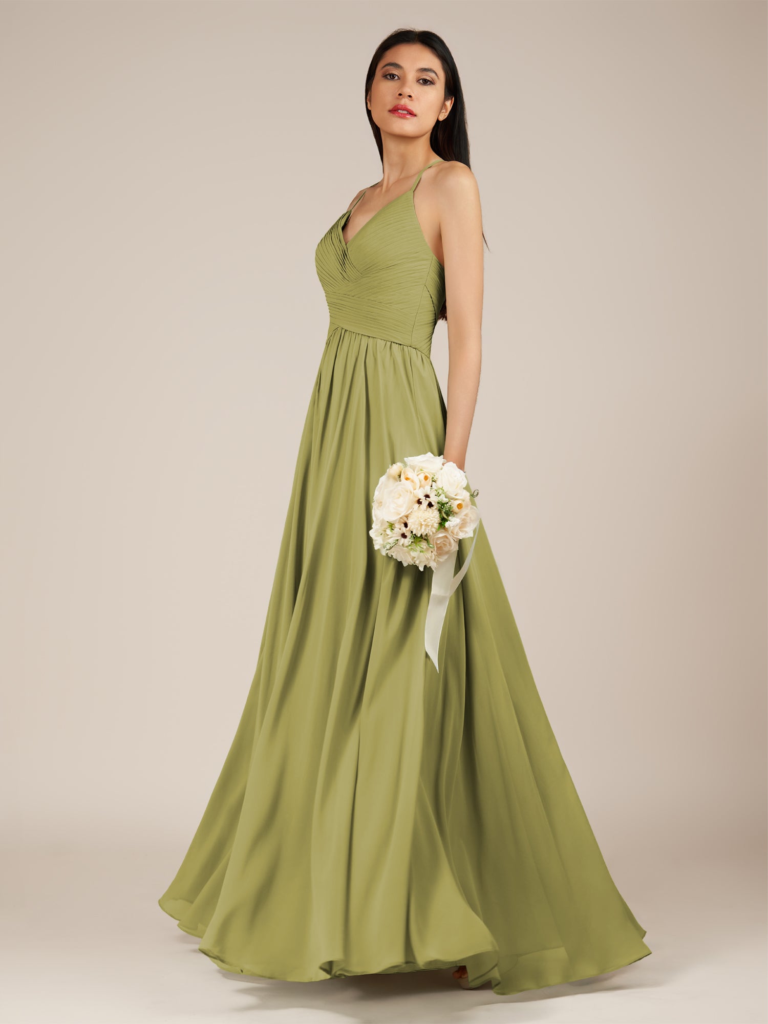 KissDress-Nolana Moss Green A Line V Neck Chiffon Pleated Long Bridesmaid Dress