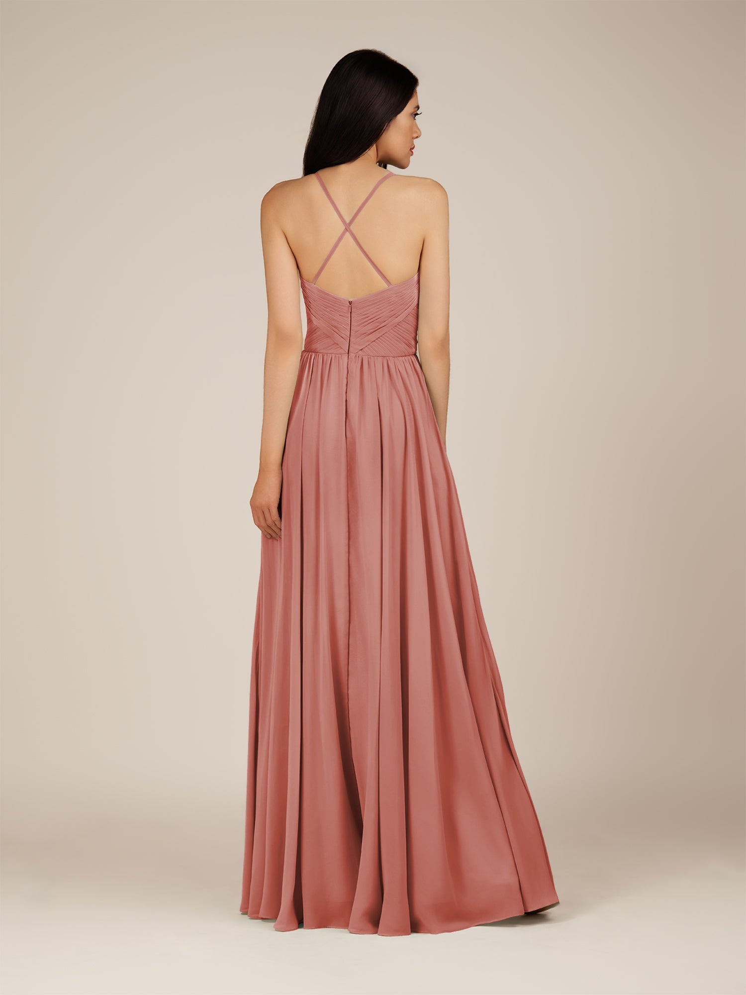 KissDress-Nolana Mulberry A Line V Neck Chiffon Pleated Long Bridesmaid Dress