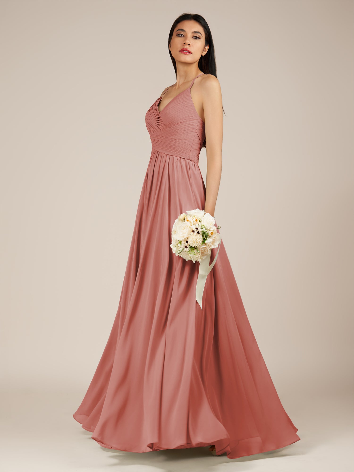 KissDress-Nolana Mulberry A Line V Neck Chiffon Pleated Long Bridesmaid Dress