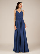 KissDress-Nolana Navy A Line V Neck Chiffon Pleated Long Bridesmaid Dress