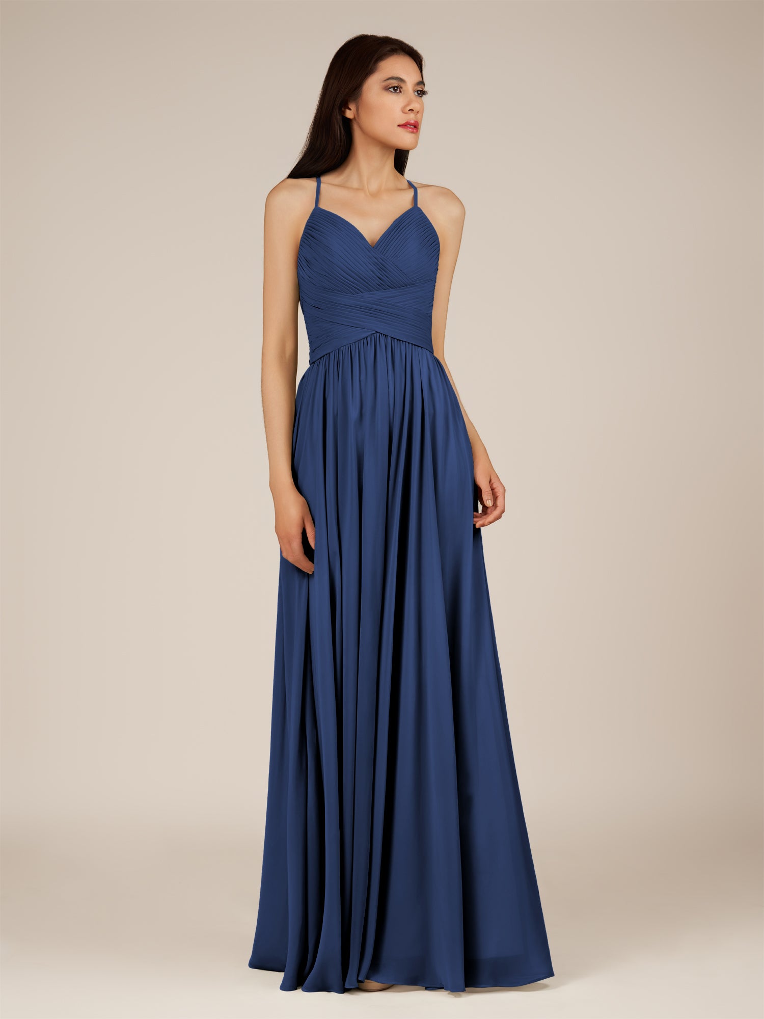 KissDress-Nolana Navy A Line V Neck Chiffon Pleated Long Bridesmaid Dress