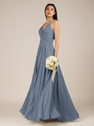 KissDress-Nolana Neptune A Line V Neck Chiffon Pleated Long Bridesmaid Dress