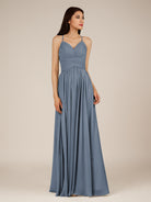 KissDress-Nolana Neptune A Line V Neck Chiffon Pleated Long Bridesmaid Dress