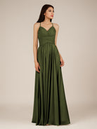 KissDress-Nolana Olive A Line V Neck Chiffon Pleated Long Bridesmaid Dress