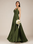 KissDress-Nolana Olive A Line V Neck Chiffon Pleated Long Bridesmaid Dress