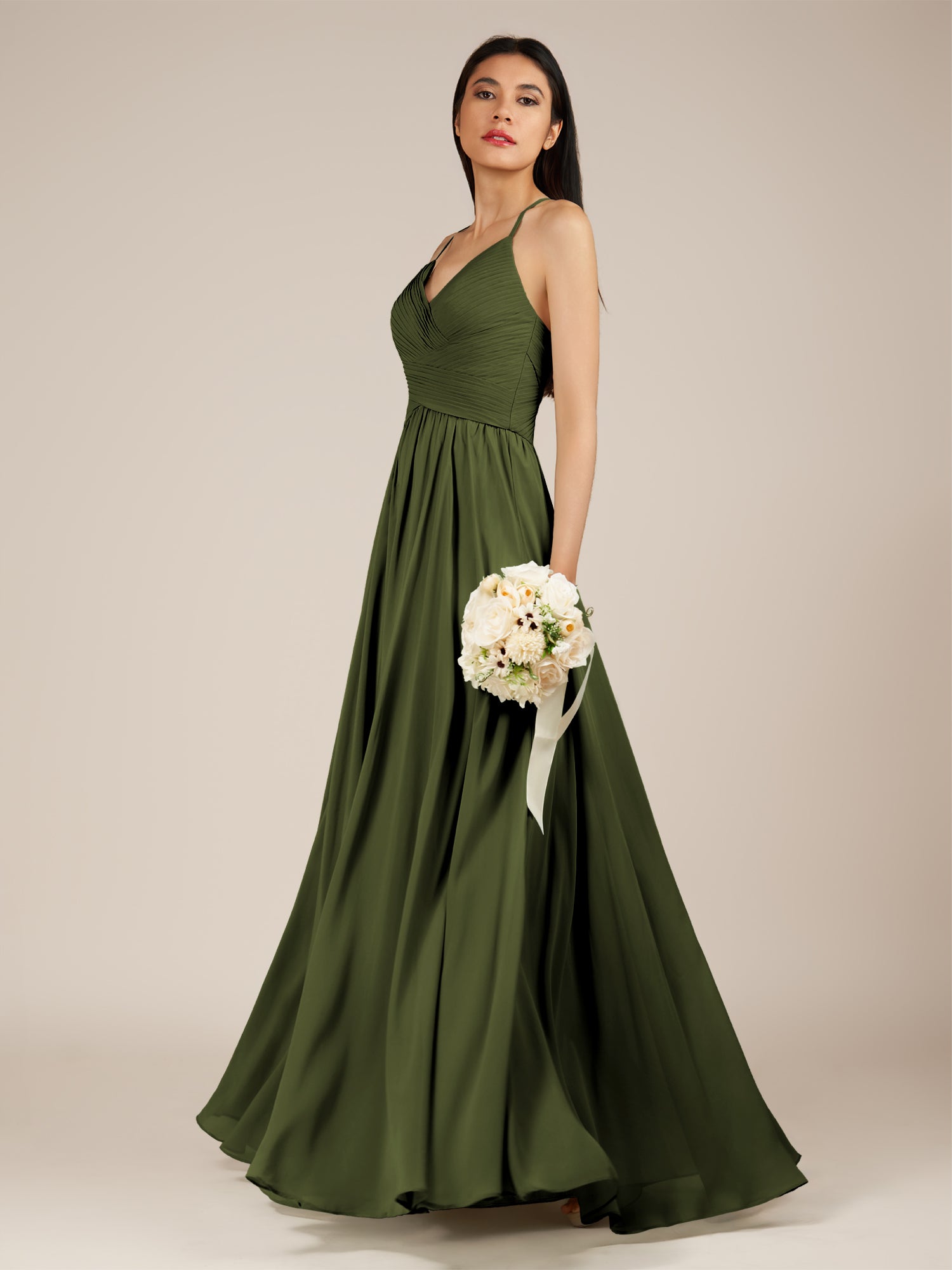 KissDress-Nolana Olive A Line V Neck Chiffon Pleated Long Bridesmaid Dress