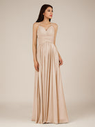 KissDress-Nolana Pale Blush A Line V Neck Chiffon Pleated Long Bridesmaid Dress