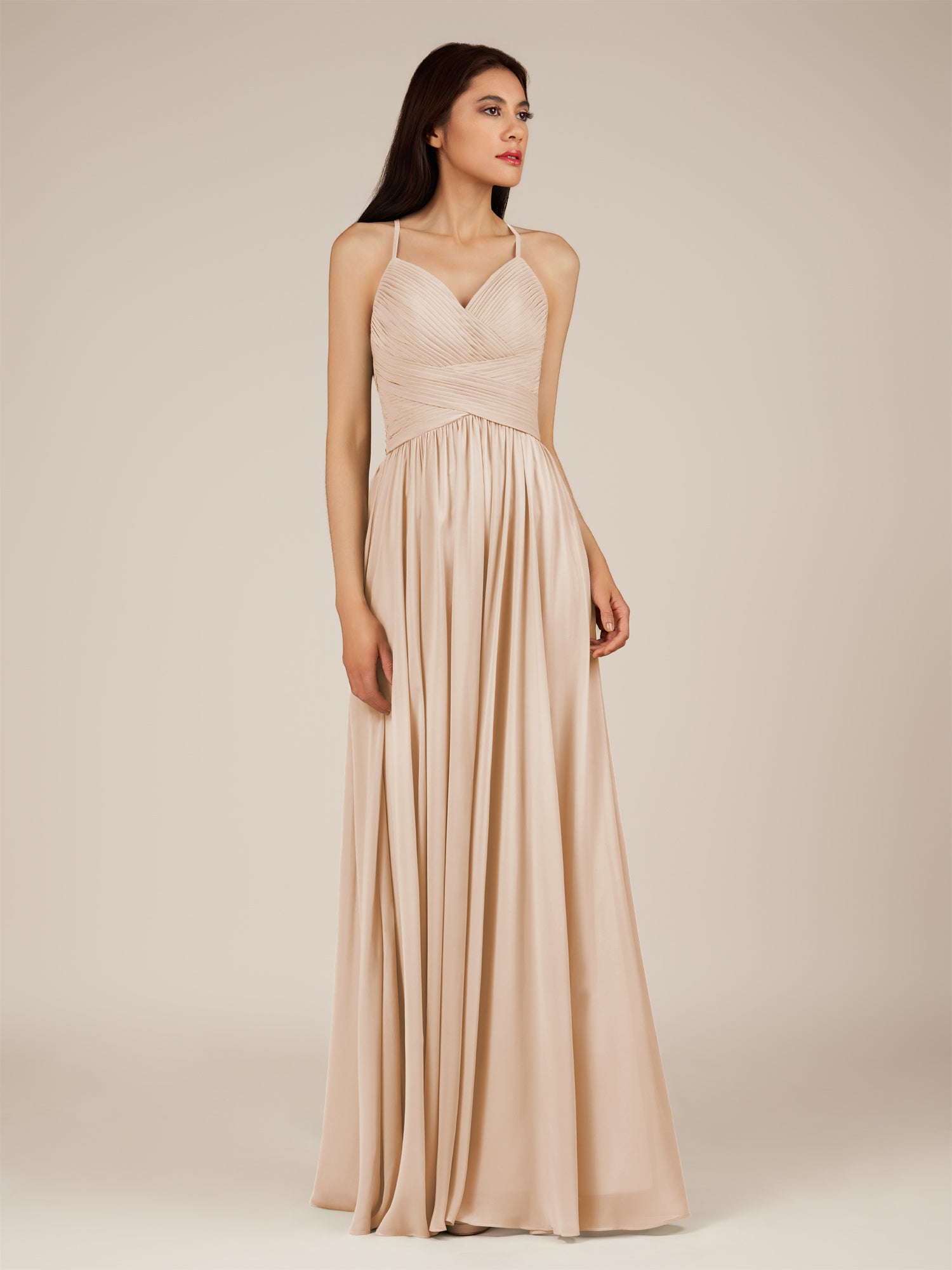 KissDress-Nolana Pale Blush A Line V Neck Chiffon Pleated Long Bridesmaid Dress