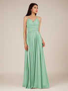 KissDress-Nolana Pale Pistachio A Line V Neck Chiffon Pleated Long Bridesmaid Dress