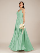 KissDress-Nolana Pale Pistachio A Line V Neck Chiffon Pleated Long Bridesmaid Dress