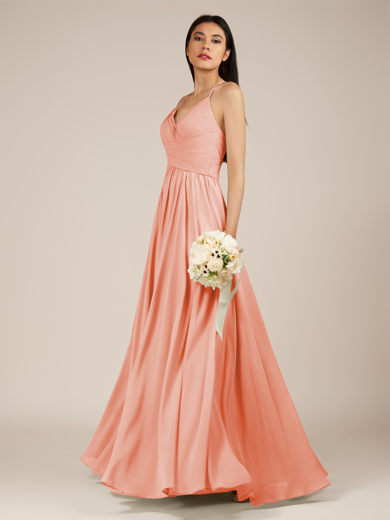 KissDress-Nolana Rosette A Line V Neck Chiffon Pleated Long Bridesmaid Dress
