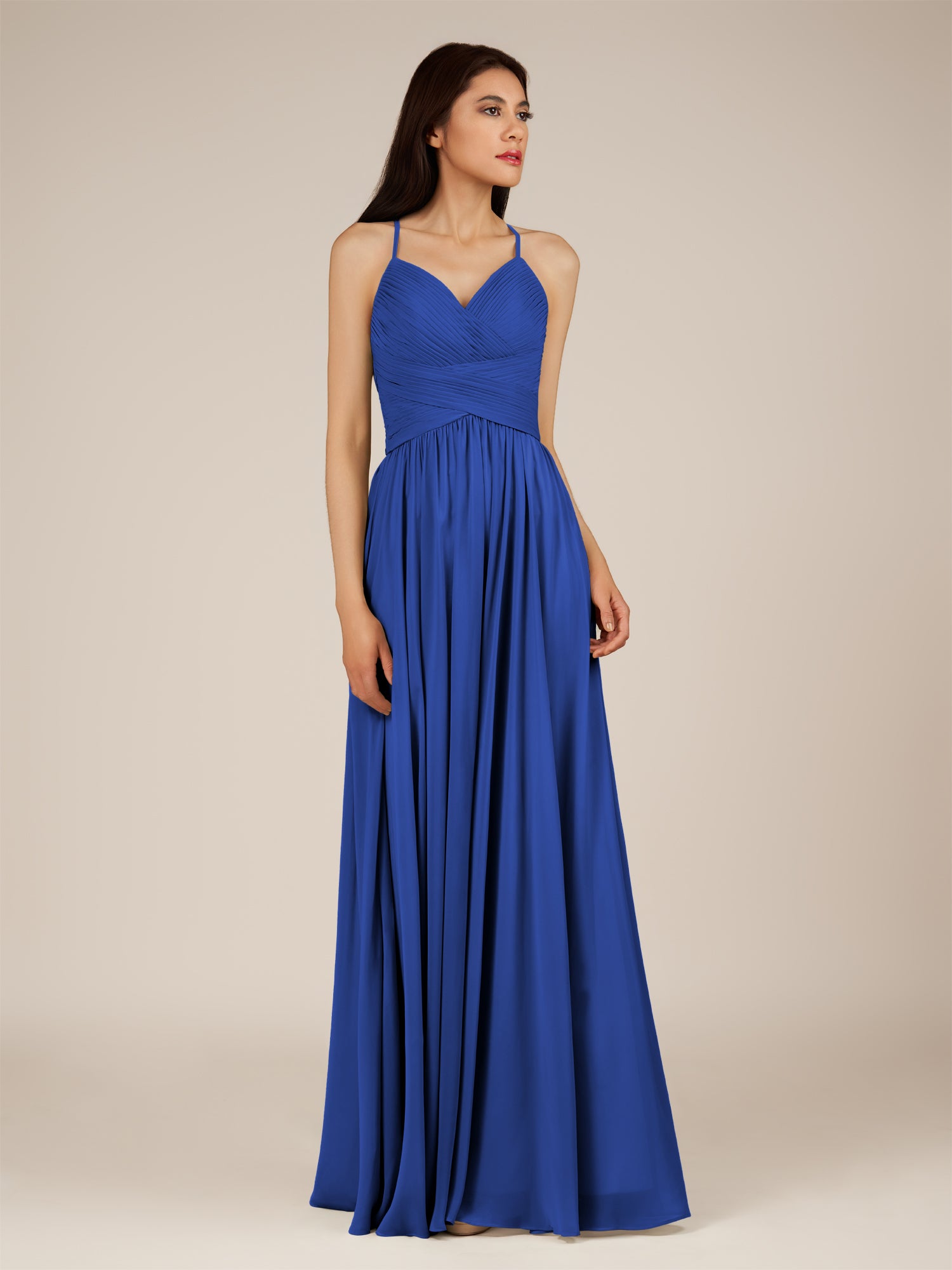 KissDress-Nolana Royal Blue A Line V Neck Chiffon Pleated Long Bridesmaid Dress