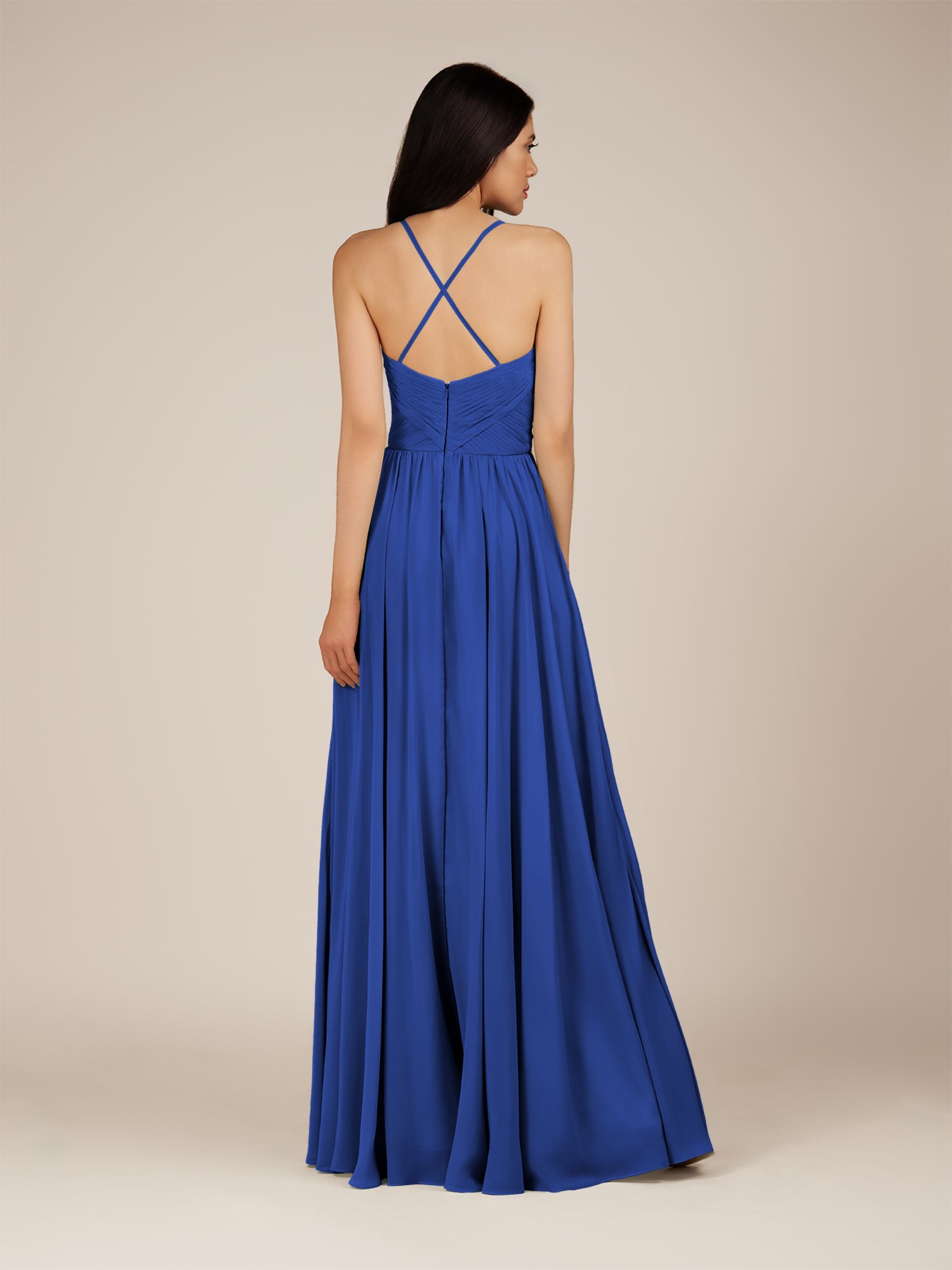 KissDress-Nolana Royal Blue A Line V Neck Chiffon Pleated Long Bridesmaid Dress