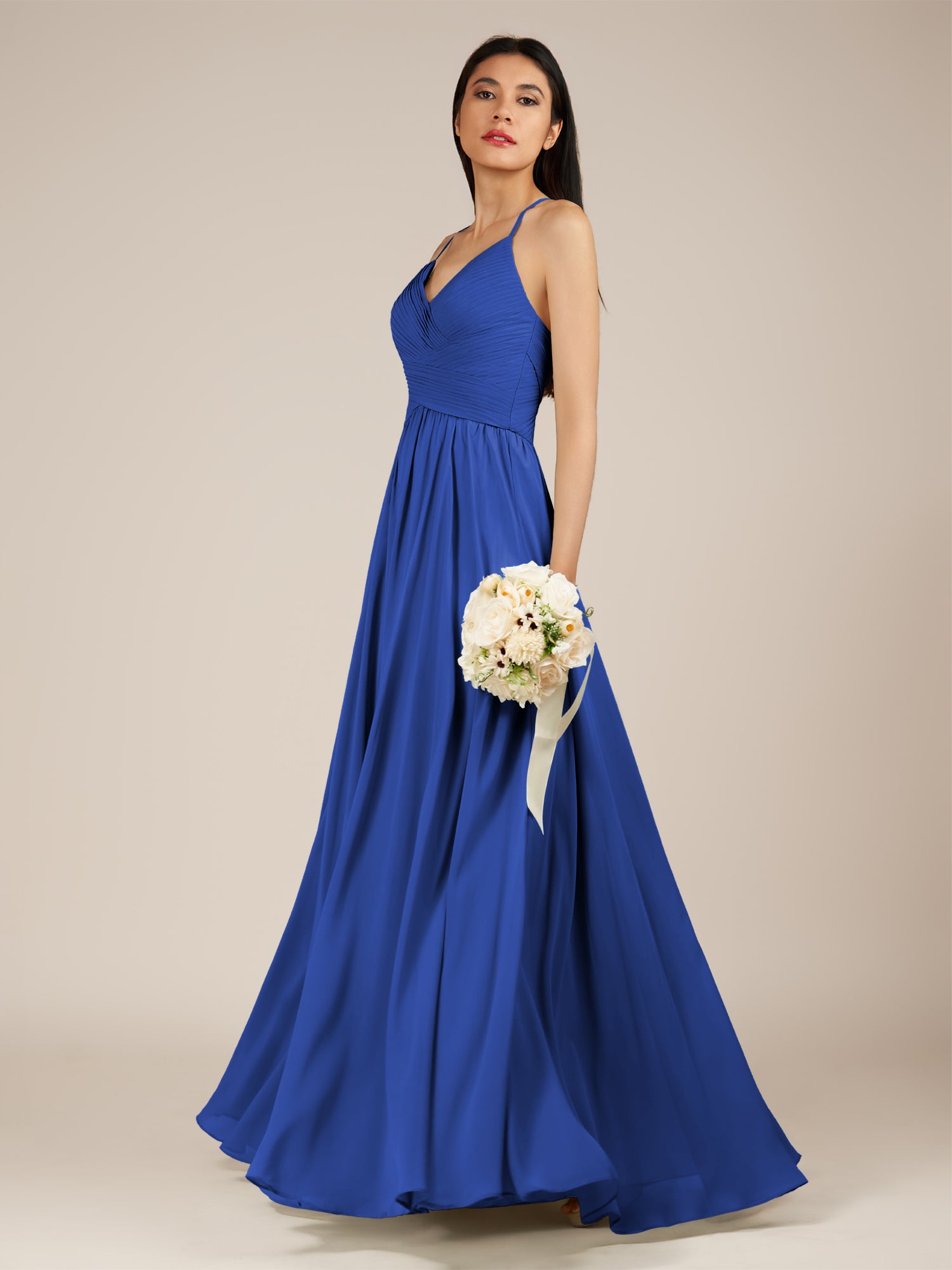 KissDress-Nolana Royal Blue A Line V Neck Chiffon Pleated Long Bridesmaid Dress