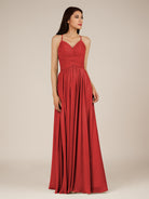 KissDress-Nolana Ruby Red A Line V Neck Chiffon Pleated Long Bridesmaid Dress
