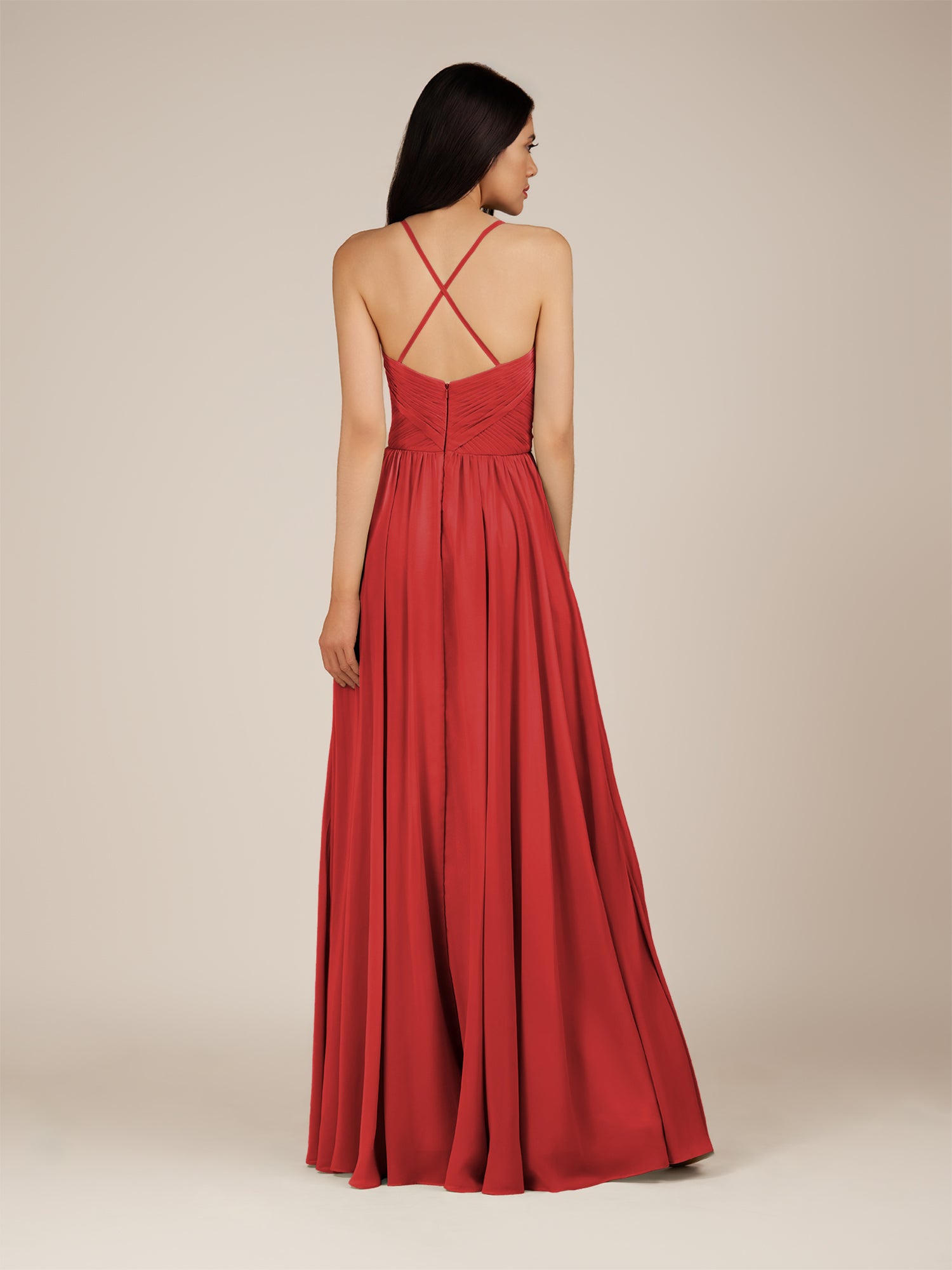 KissDress-Nolana Ruby Red A Line V Neck Chiffon Pleated Long Bridesmaid Dress