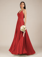 KissDress-Nolana Ruby Red A Line V Neck Chiffon Pleated Long Bridesmaid Dress